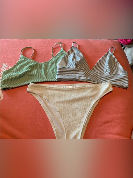 H&M Other - H&M 2 Ribbed Bikini Tops & 1 Bottom Mint, Cream, Blue/White Stripe Size 18